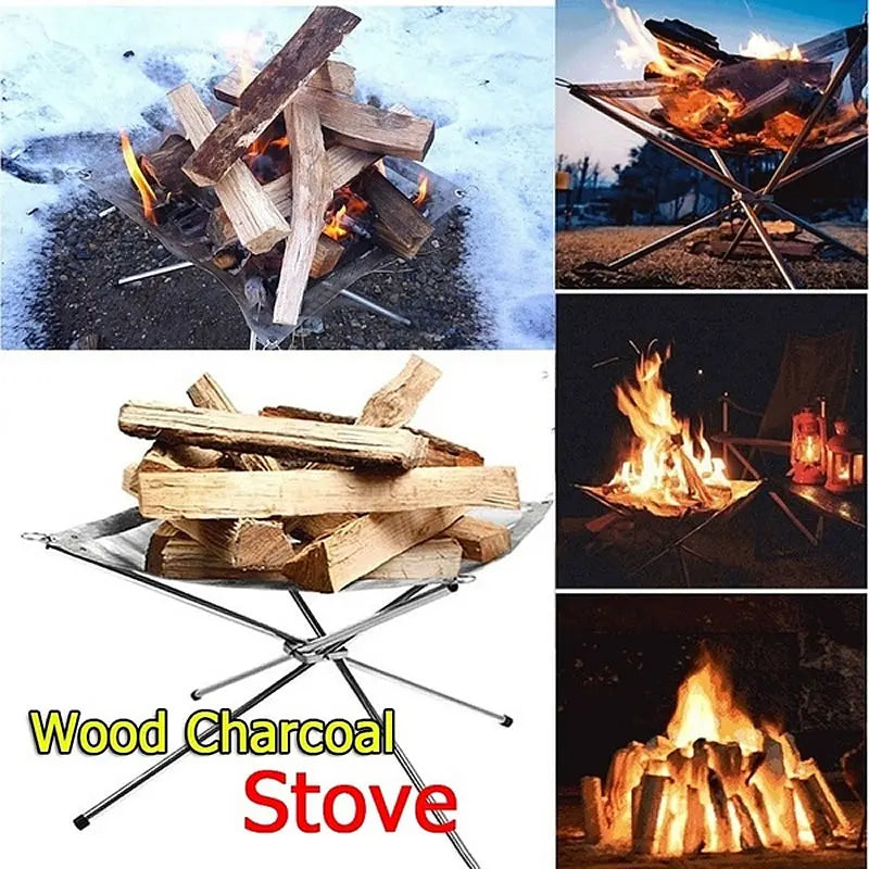 Foldable Mesh Fire Pit Outdoor Camping Fire Pit Collapsing Steel Mesh Fire Stand for Garden Backyard Heating Bonfire Net and Bag