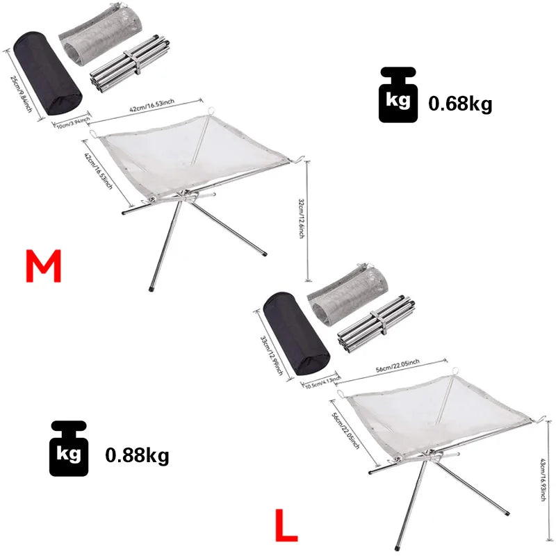 Foldable Mesh Fire Pit Outdoor Camping Fire Pit Collapsing Steel Mesh Fire Stand for Garden Backyard Heating Bonfire Net and Bag
